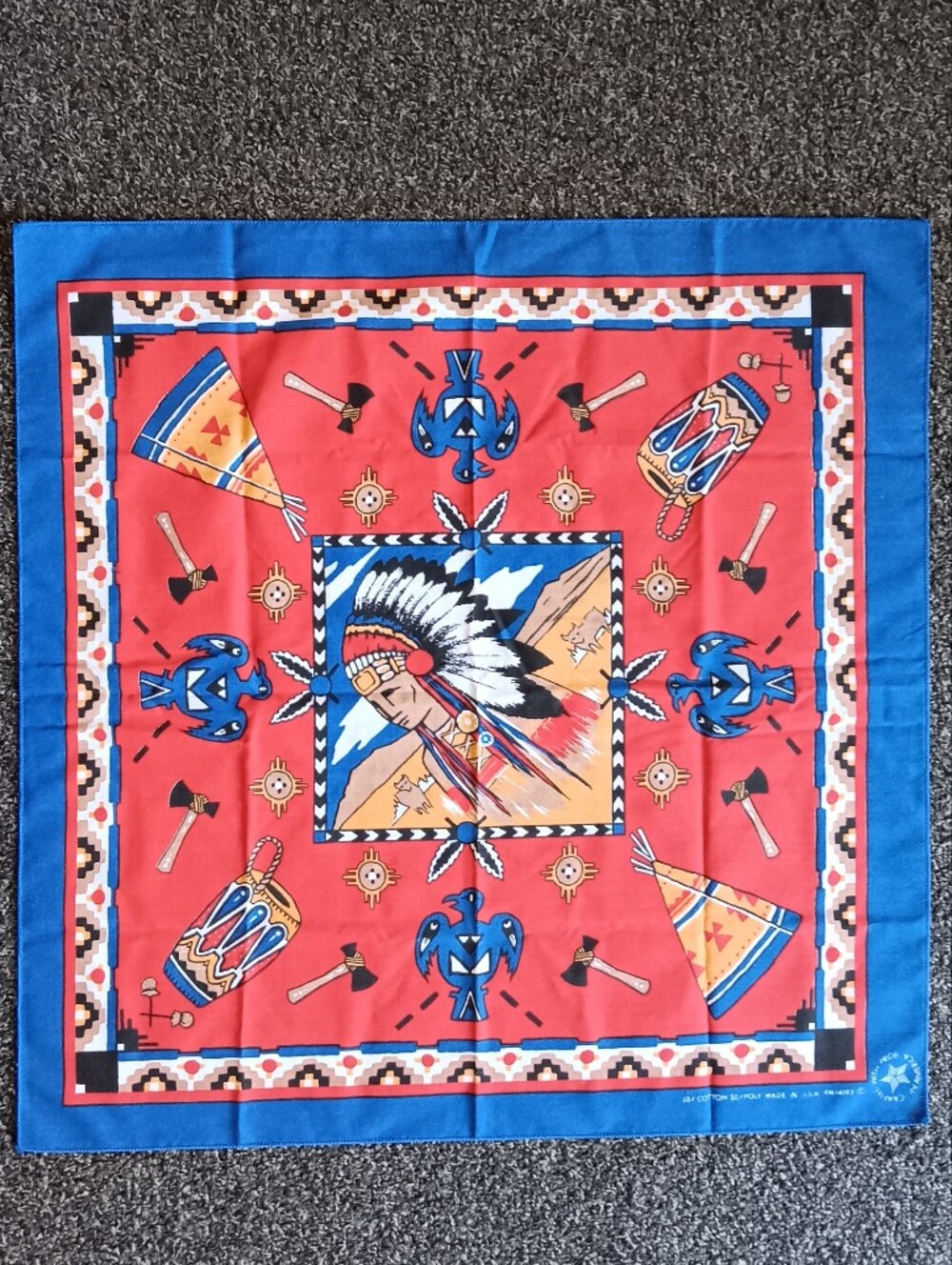 VTG Southwestern USA Native American Red Blue Square Bandana Scarf RN14193